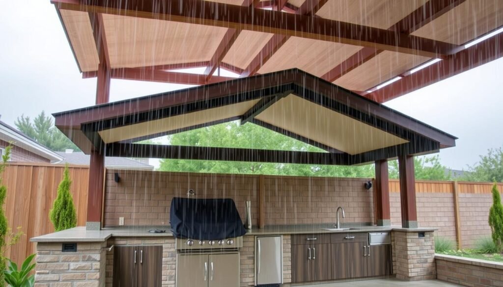 Covered outdoor grill küche with roof structure