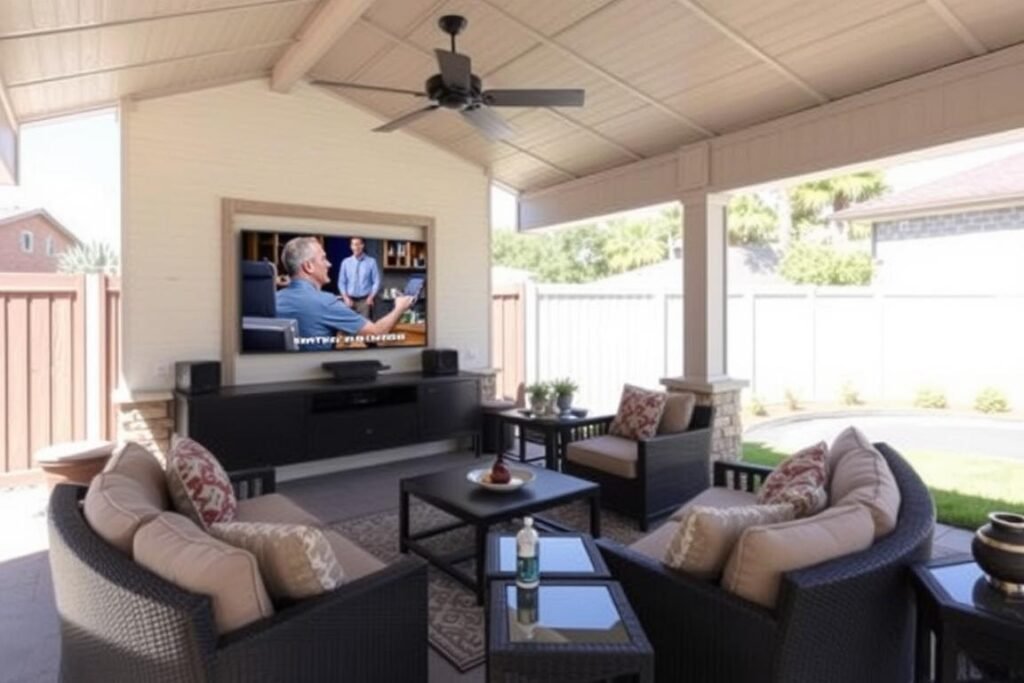 Covered patio entertainment area with outdoor TV, sound system, and comfortable seating