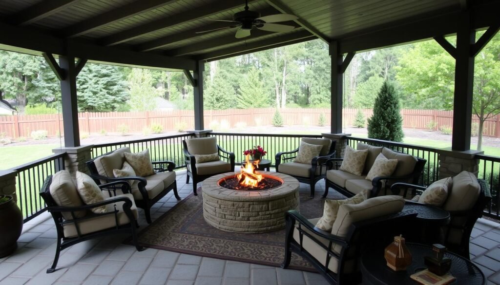 Covered patio with comfortable seating arranged in a conversation area around a fire pit