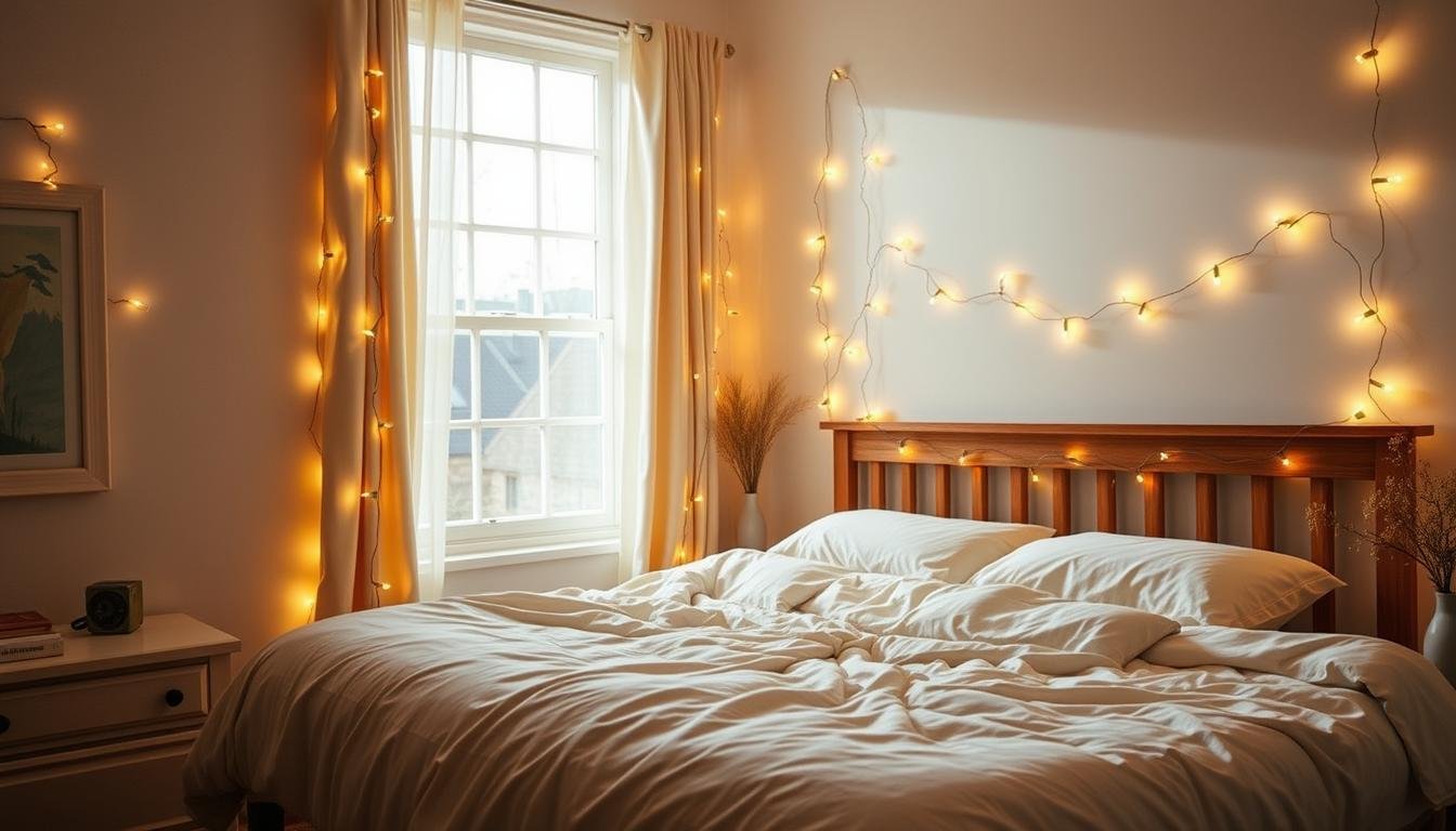 Cozy bedroom with warm string lights creating a relaxing atmosphere