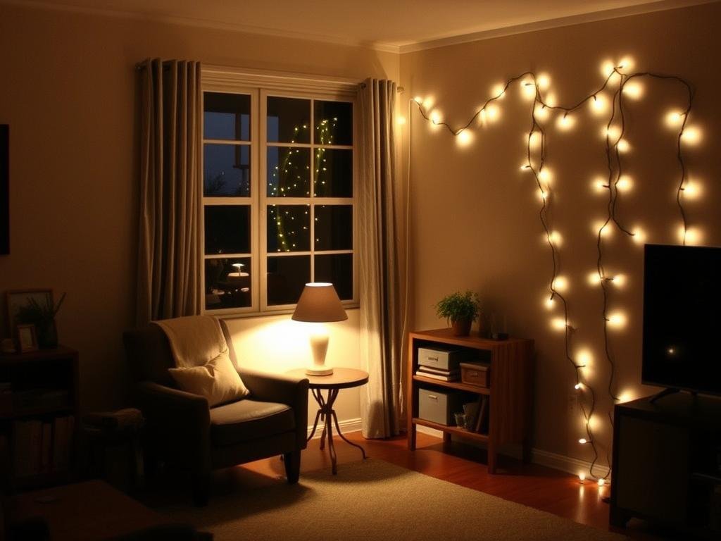 Cozy corner with floor lamp and string lights creating intimate atmosphere