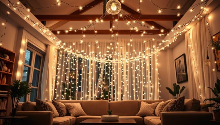 Cozy living room with warm white string lights draped across the ceiling, creating a magical starry night effect above a comfortable sofa with throw pillows