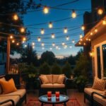 Cozy patio with string lights creating a warm ambiance at dusk