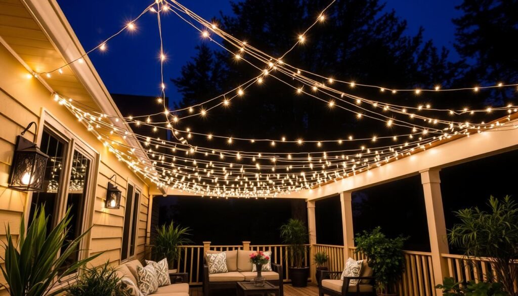 Cozy porch with string lights draped across the ceiling creating a magical evening atmosphere