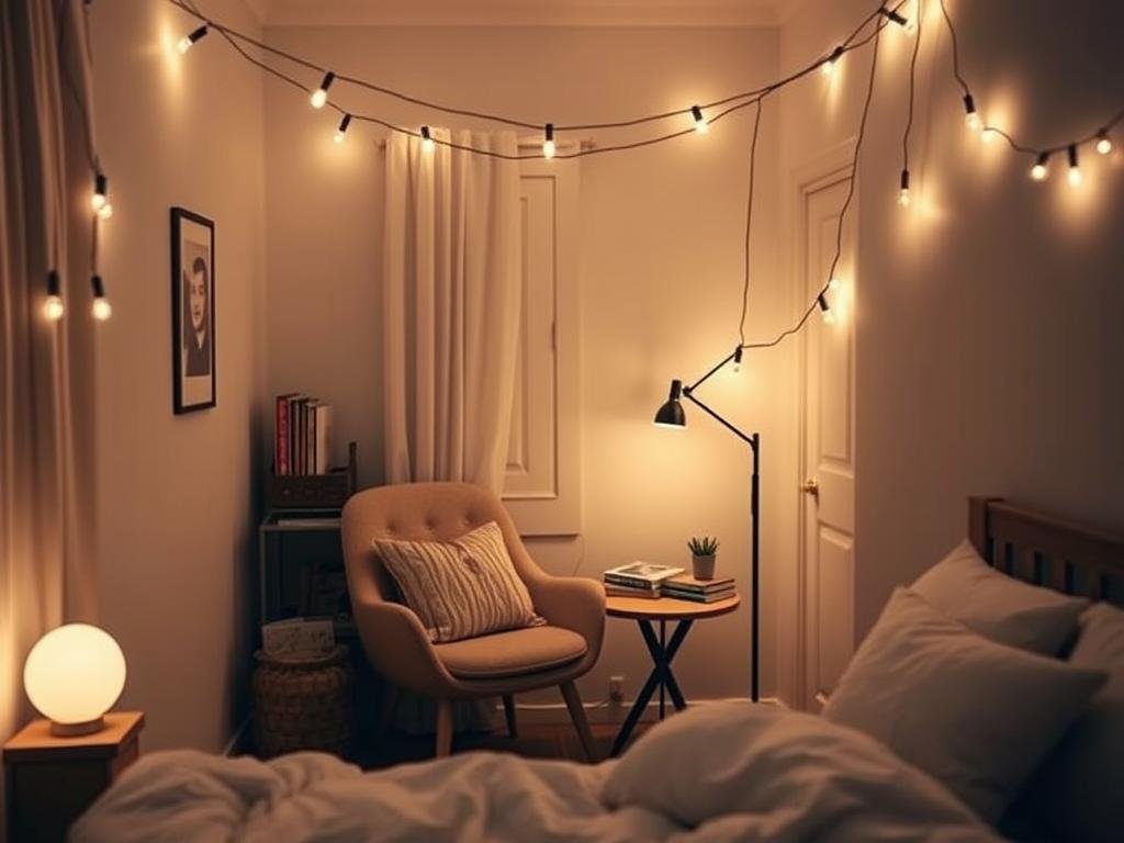Cozy reading corner with string lights in bedroom