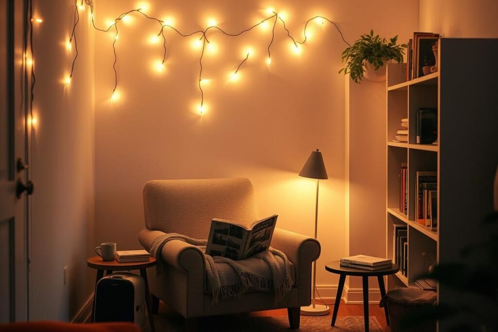 Cozy reading nook in a living room corner with an armchair, throw blanket, and string lights creating a warm reading light