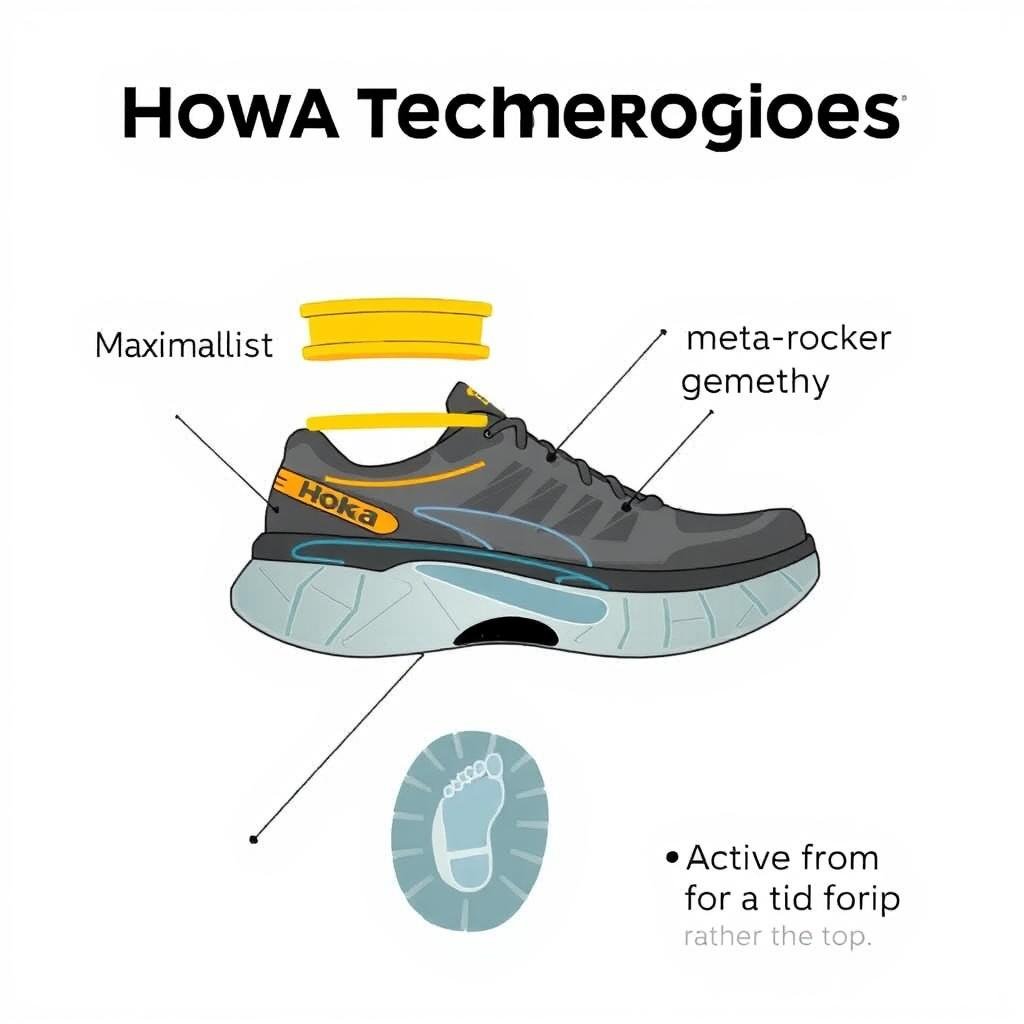 Cross-section diagram of a Hoka shoe showing the maximalist cushioning, meta-rocker geometry, and active foot frame technologies