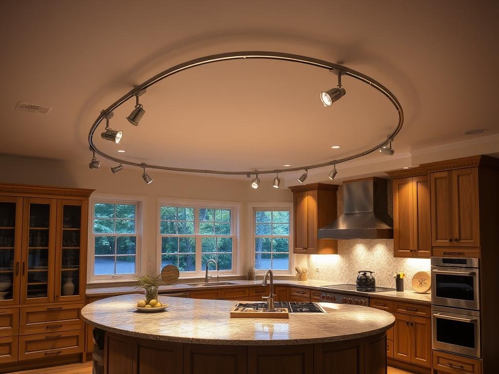 Curved track lighting following the contour of a kitchen island