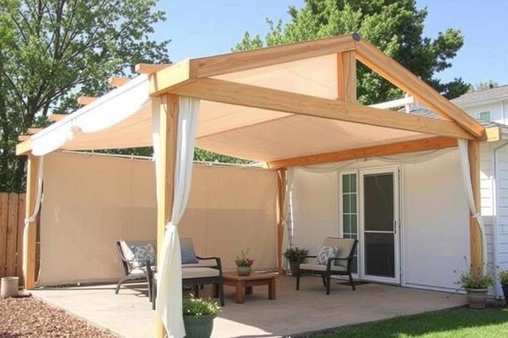 DIY covered patio project using affordable materials like wood and canvas