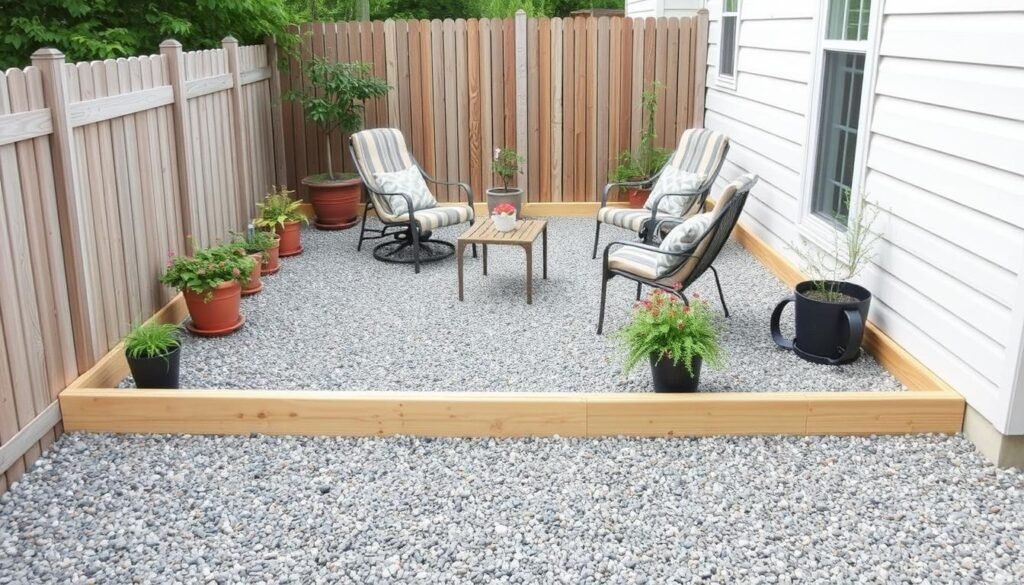 DIY gravel patio with simple furniture and border on a budget