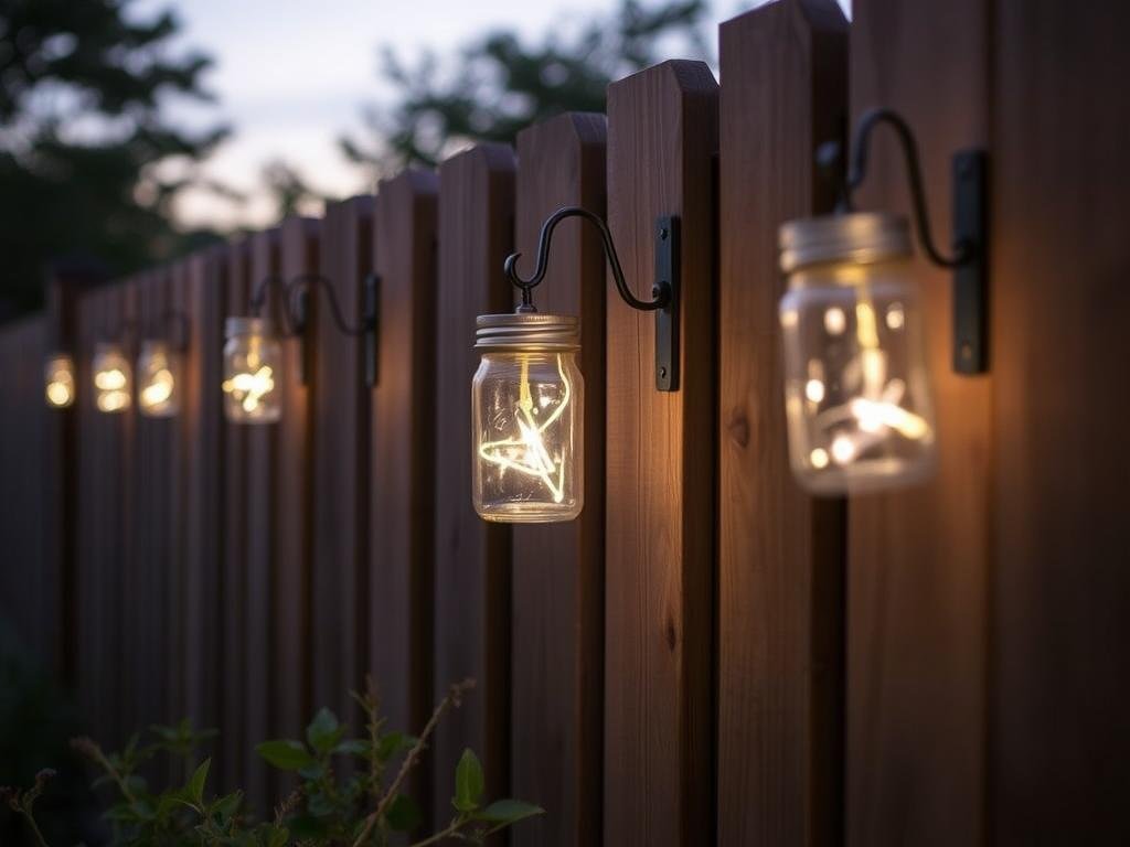 DIY mason jar lights attached to a wooden fence creating a rustic lighting display