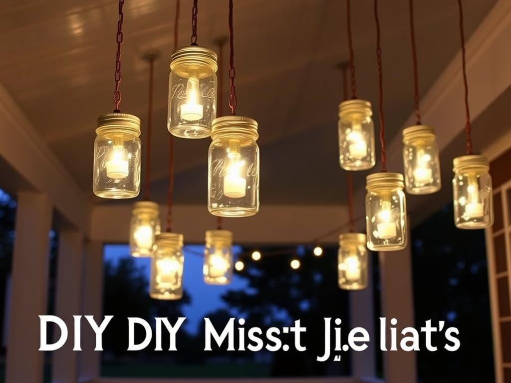 DIY mason jar lights hanging from a porch ceiling creating a rustic, charming glow