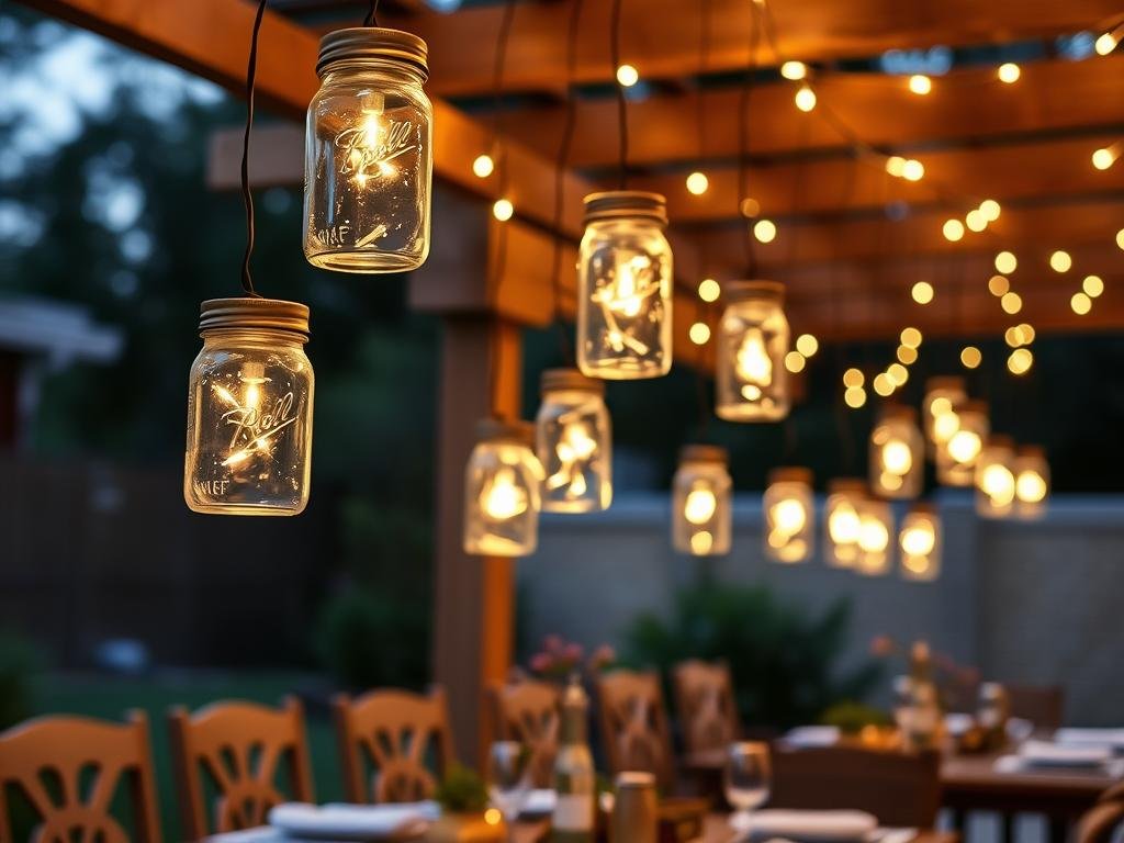 DIY mason jar outdoor string lighting hanging from a pergola over a dining table DIY mason jar outdoor string lighting hanging from a pergola over a dining table
