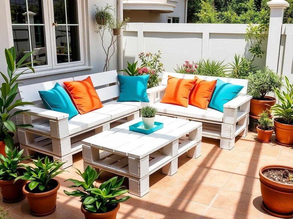 DIY pallet furniture outdoor patio ideas on a budget with colorful cushions