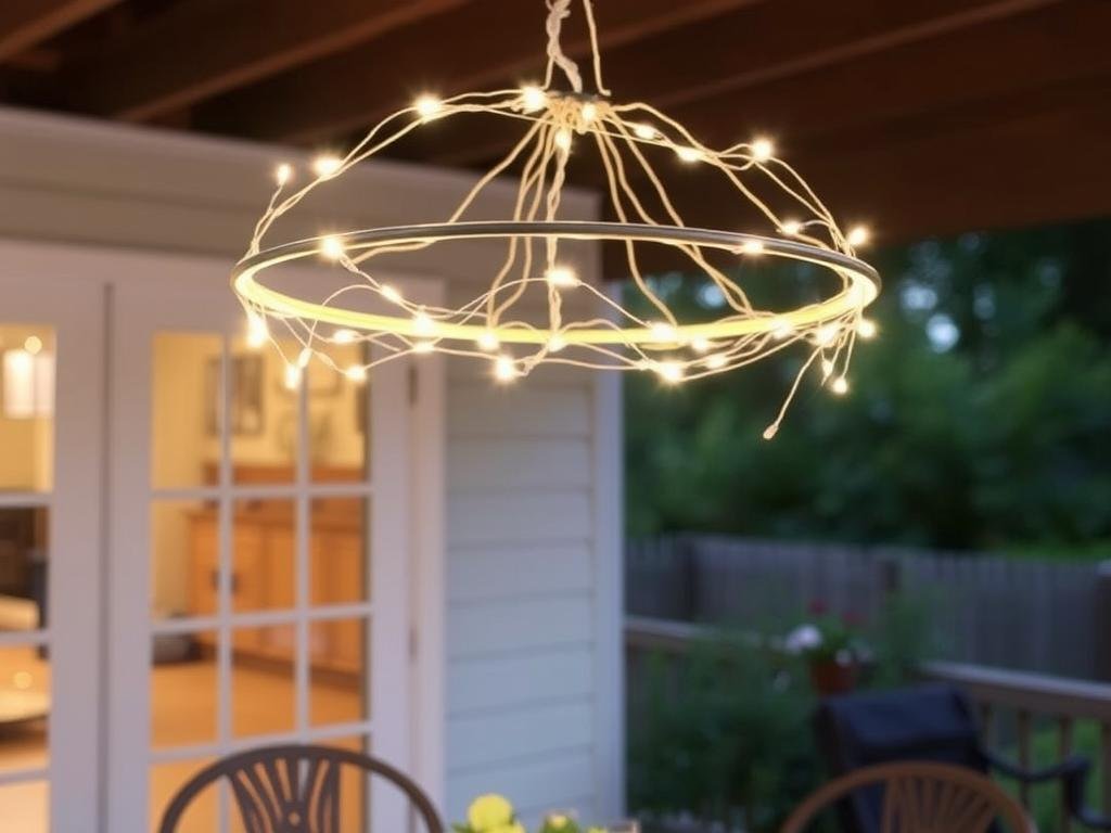 DIY string light chandelier hanging over an outdoor dining table made with a hula hoop and outdoor string lighting DIY string light chandelier hanging over an outdoor dining table made with a hula hoop and outdoor string lighting