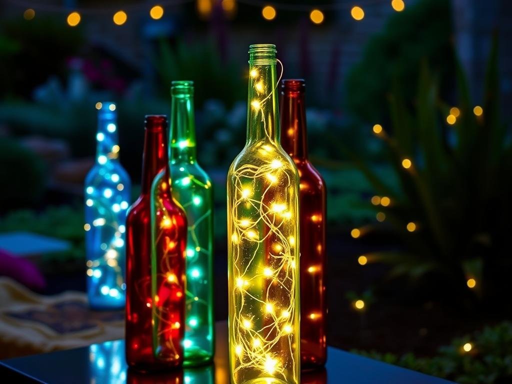 DIY wine bottle lights creating unique garden lighting features
