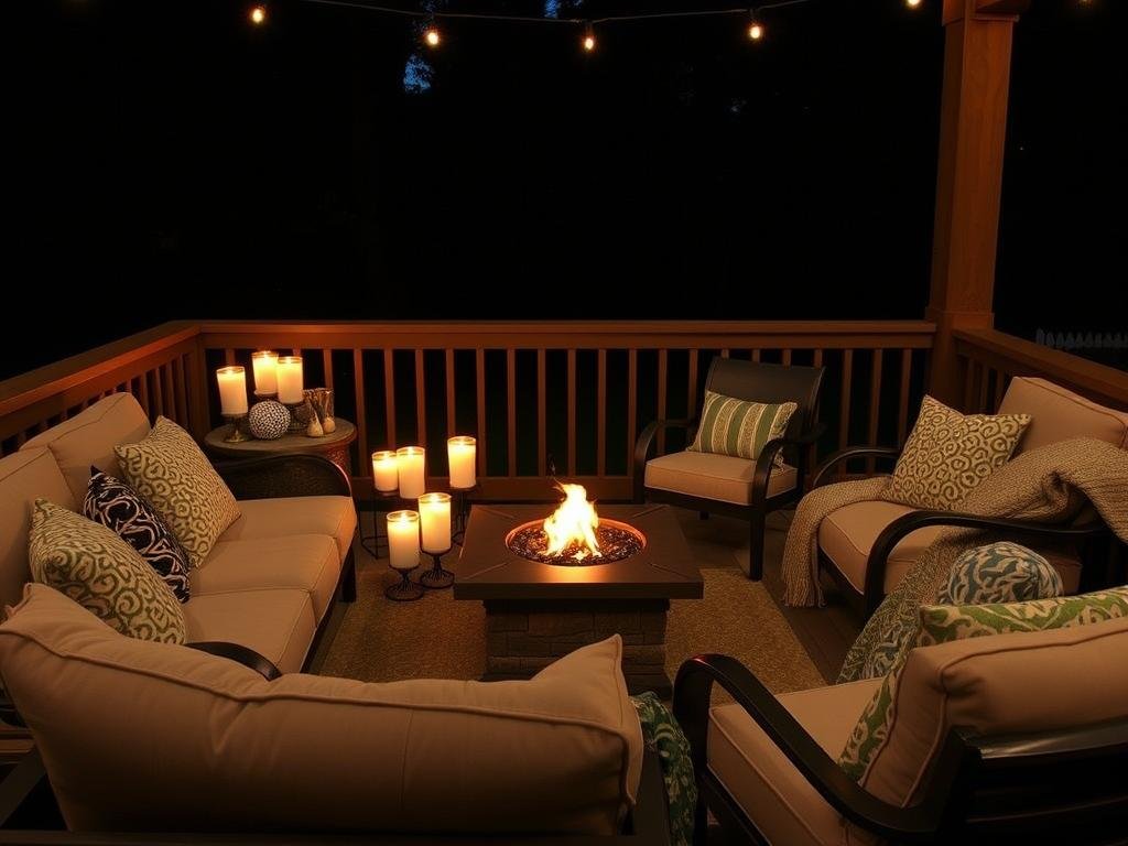 Deck seating area with flameless candles and a tabletop fire feature Deck seating area with flameless candles and a tabletop fire feature