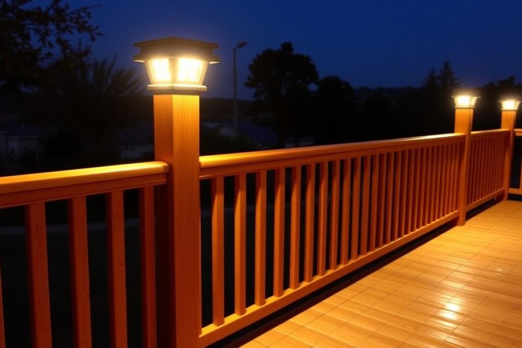 Deck with illuminated post cap lights creating a perimeter of light Deck with illuminated post cap lights creating a perimeter of light