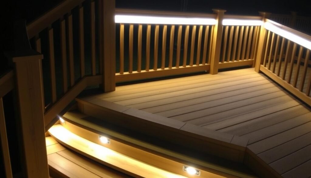 Deck with integrated step lights and railing lights creating a safe and stylish outdoor space