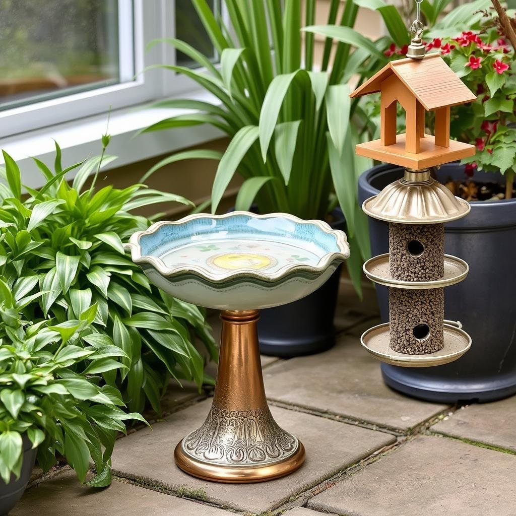 Decorative bird bath and coordinating bird feeder in a patio corner