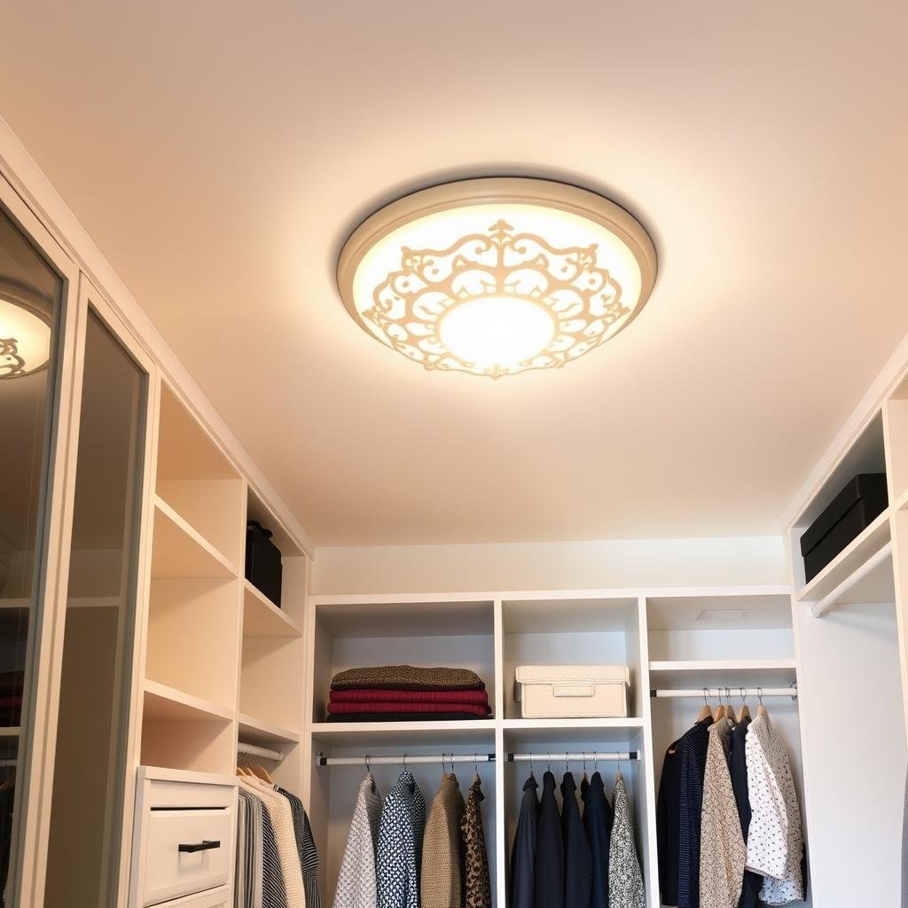 Decorative flush mount ceiling light in a medium-sized closet