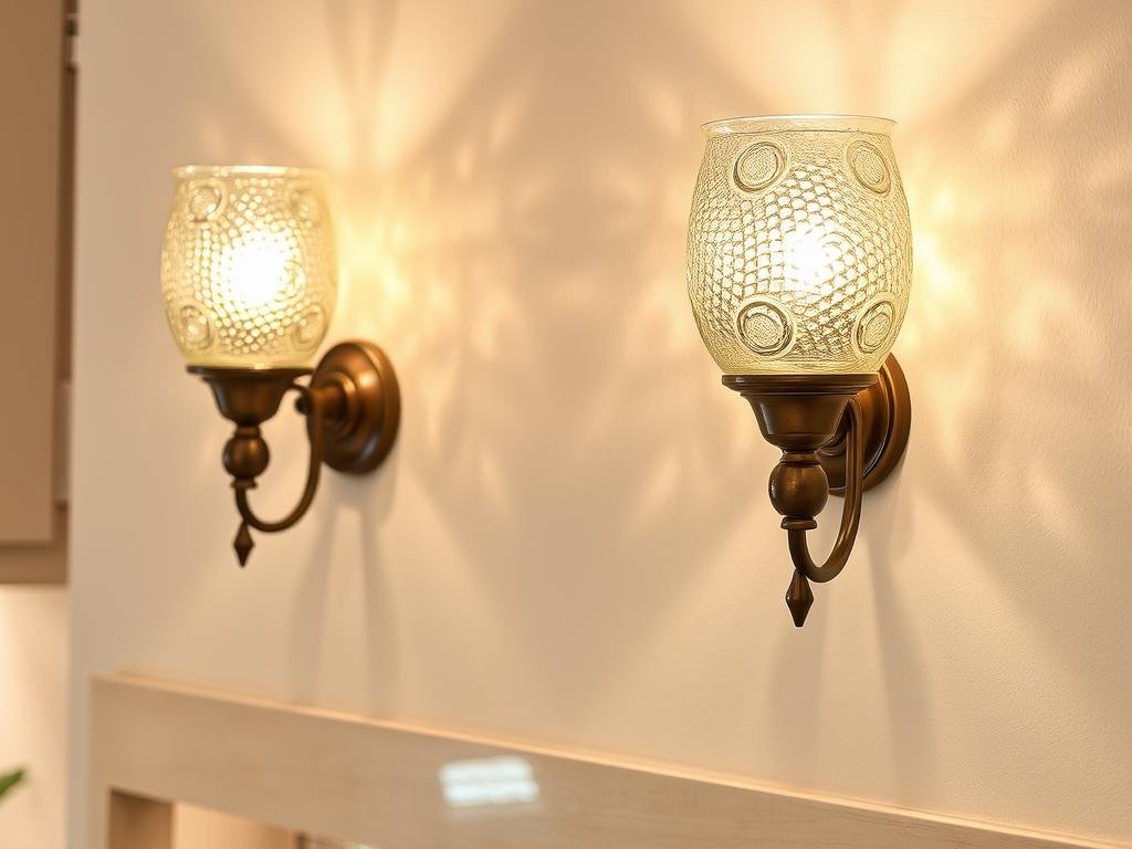 Decorative glass wall sconces adding ambient light to kitchen