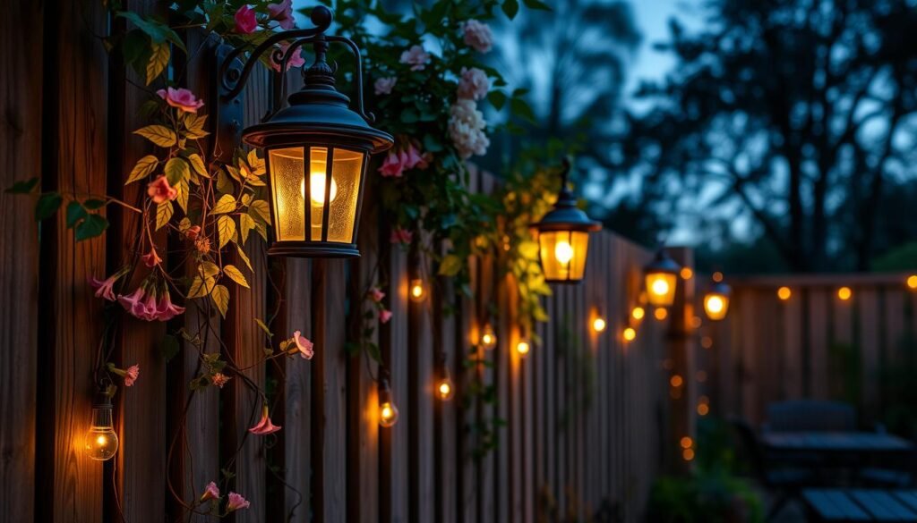 Decorative lantern-style lights mounted on a garden fence creating a cozy atmosphere