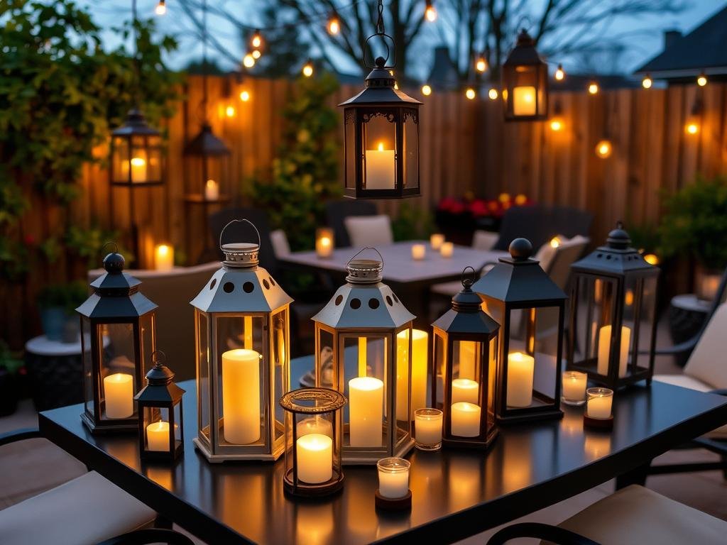 Decorative lanterns and candles creating a cozy atmosphere on a backyard patio table