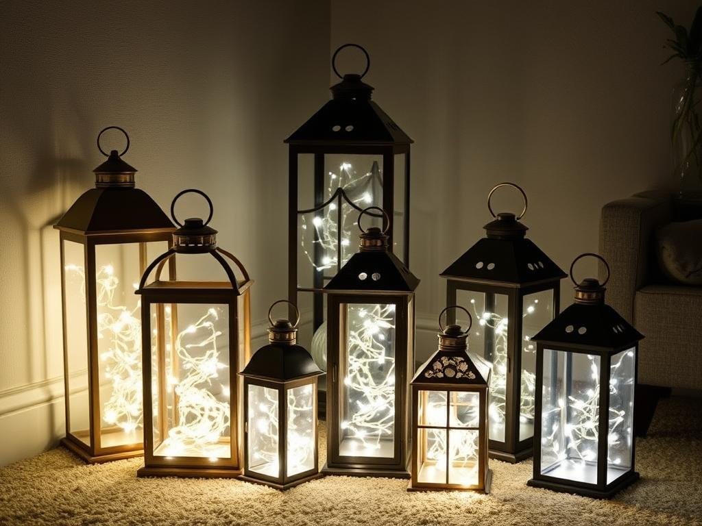 Decorative lanterns filled with fairy lights arranged in a living room corner, creating pools of soft light