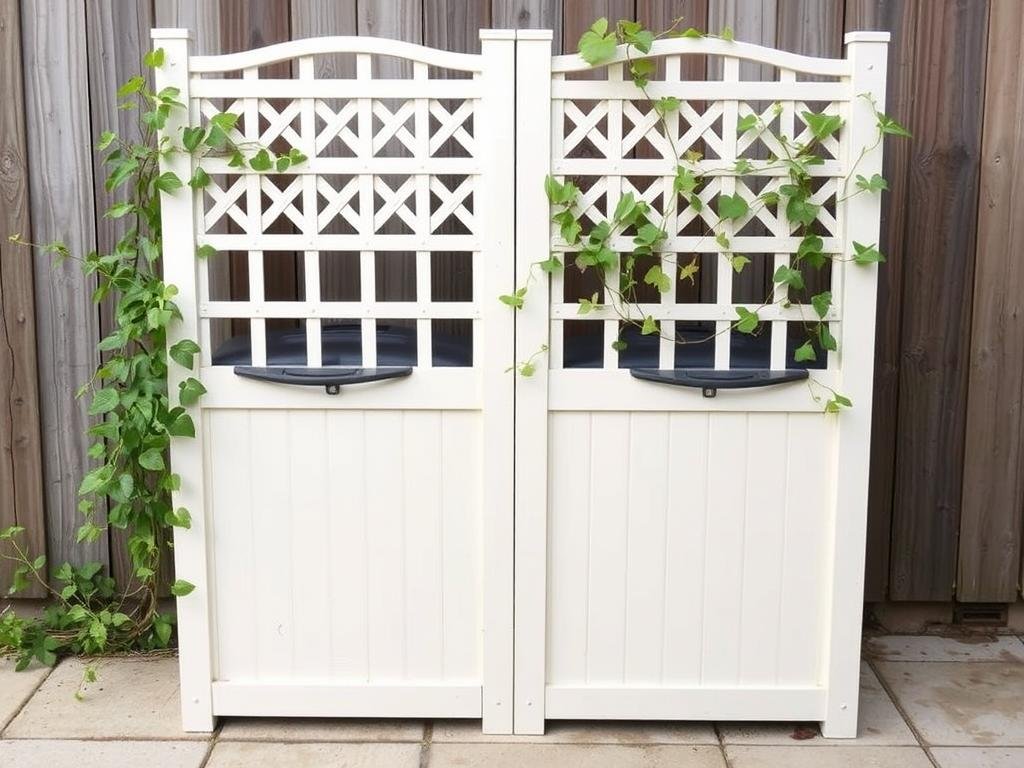 Decorative lattice privacy screen hiding garbage cans outdoors Decorative lattice privacy screen hiding garbage cans outdoors