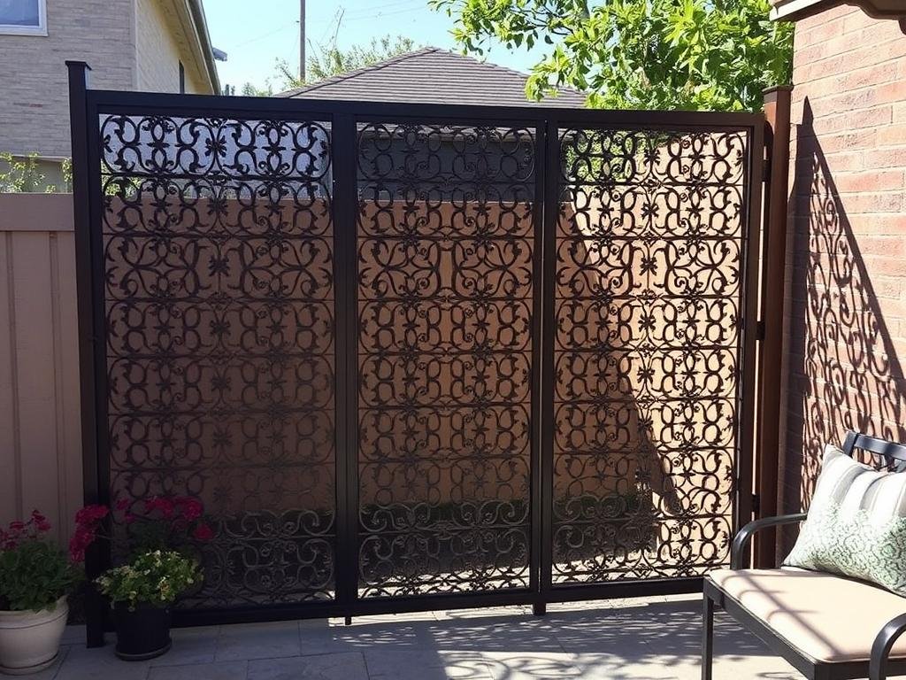 Decorative metal privacy screen with pattern creating dappled light and privacy