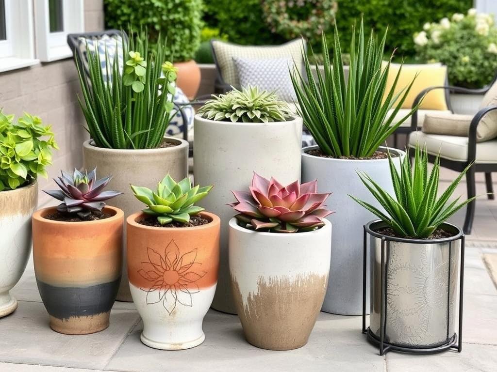 Decorative planters with thriving plants arranged on a patio