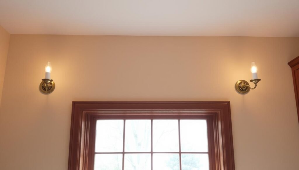 Decorative wall sconces flanking a kitchen window