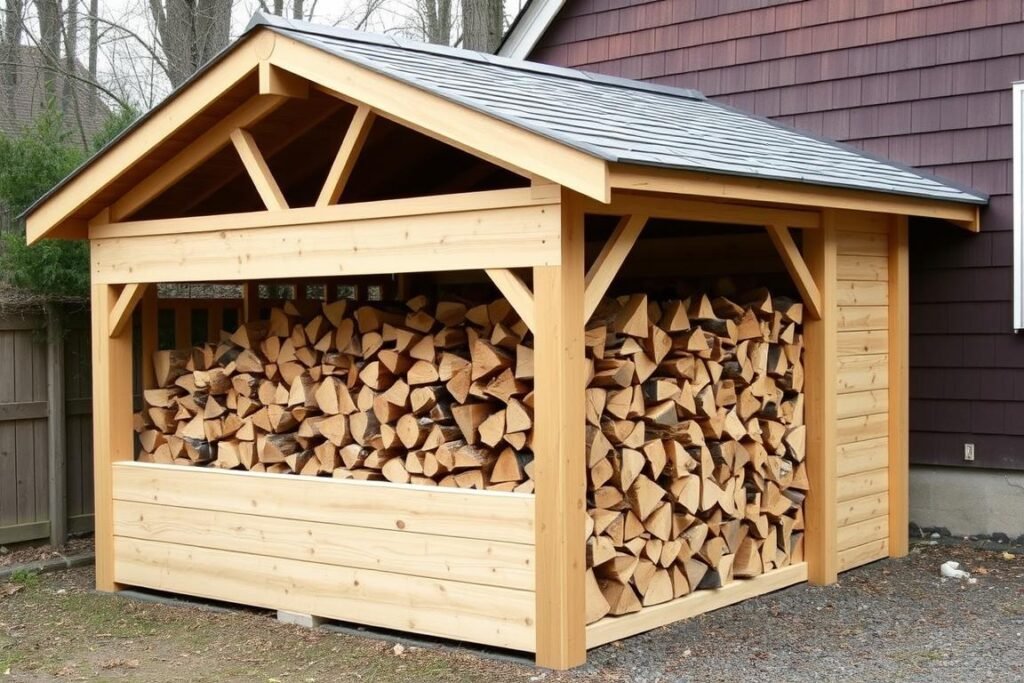 Dedicated firewood shed with organized wood stacks and proper ventilation