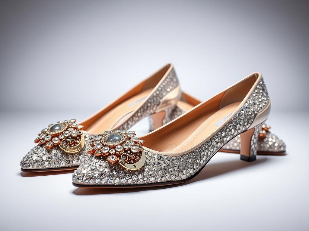 Designer shoes with bold embellishments like crystals, pearls and hardware