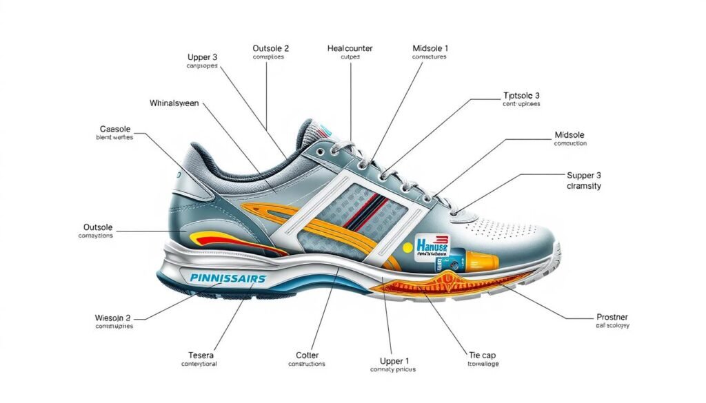 Detailed anatomy of a tennis shoe showing key components like outsole, midsole, and upper