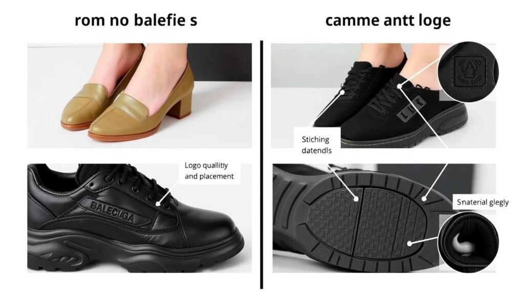 Detailed comparison between authentic and counterfeit Balenciaga shoes highlighting key differences
