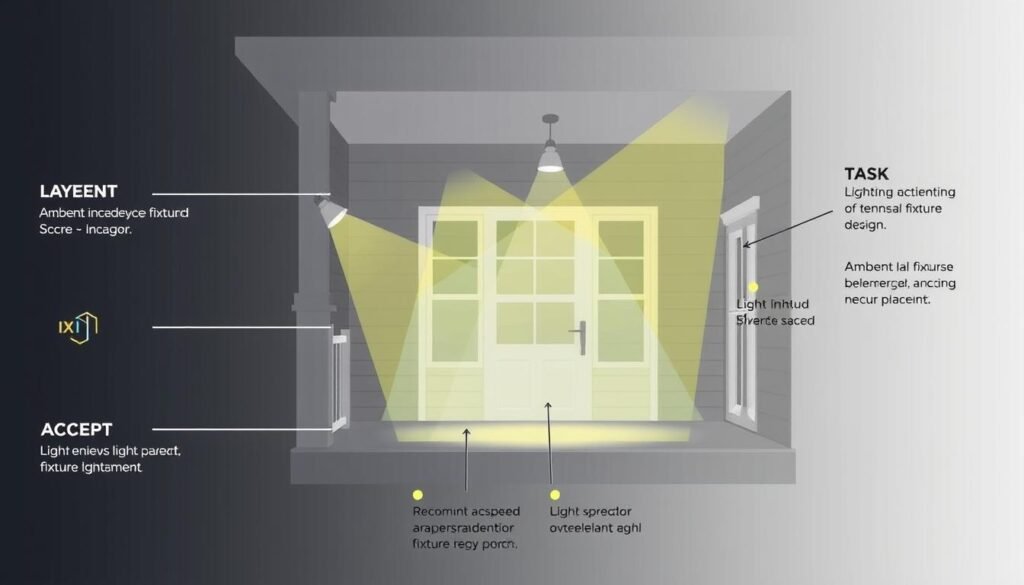 Diagram showing different layers of porch lighting with ambient, task, and accent lighting highlighted