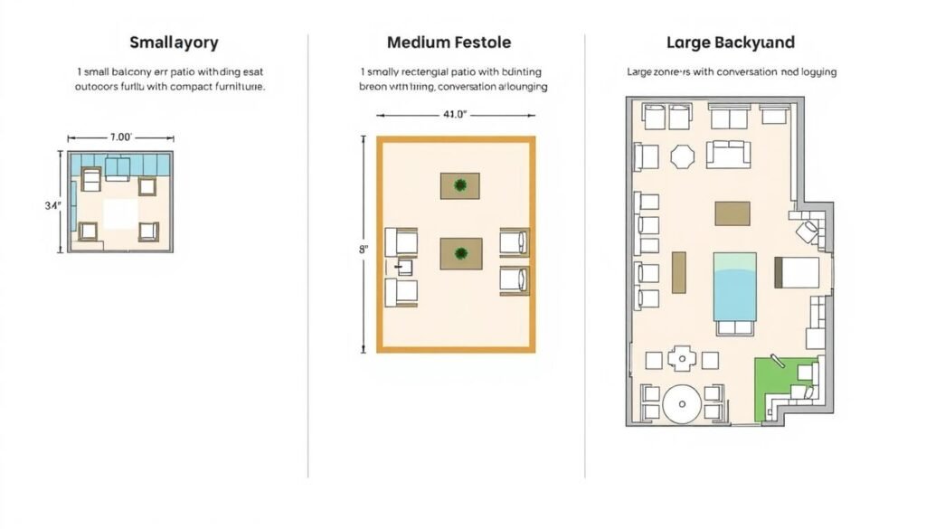 Diagram showing different outdoor patio furniture arrangements for various space sizes and shapes