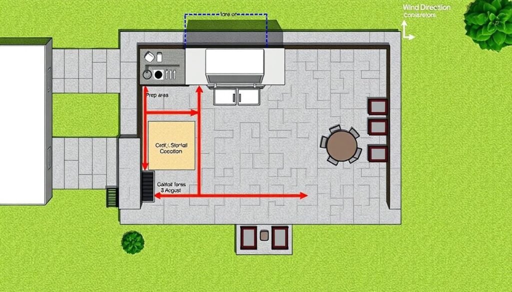Diagram showing optimal outdoor grill area layout with measurements and flow patterns