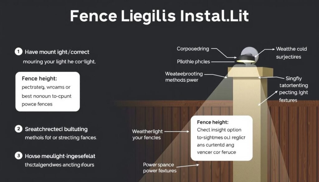 Diagram showing proper fence light installation with power sources and weatherproofing