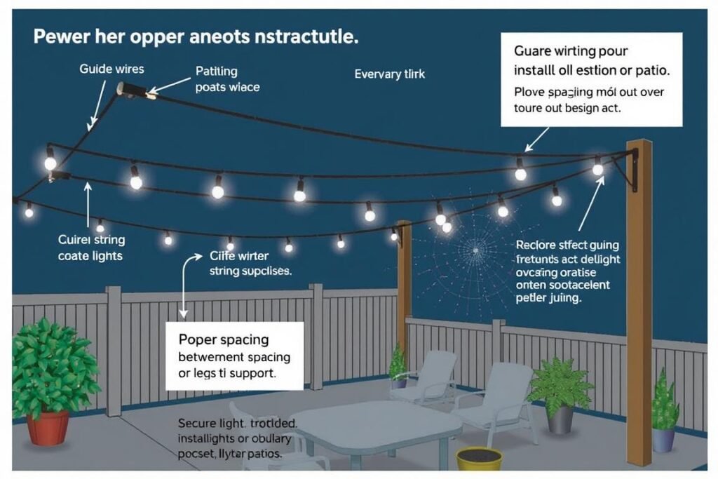 Diagram showing proper outdoor string lighting installation techniques with guide wires and connection points Diagram showing proper outdoor string lighting installation techniques with guide wires and connection points