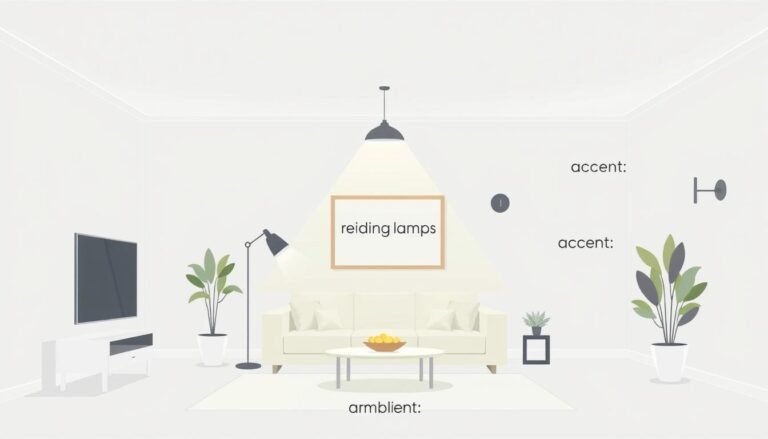 Diagram showing the three layers of lighting: ambient, task, and accent lighting in a living room setting