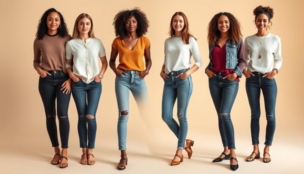 Different body types wearing flattering mary jane shoes and jeans combinations