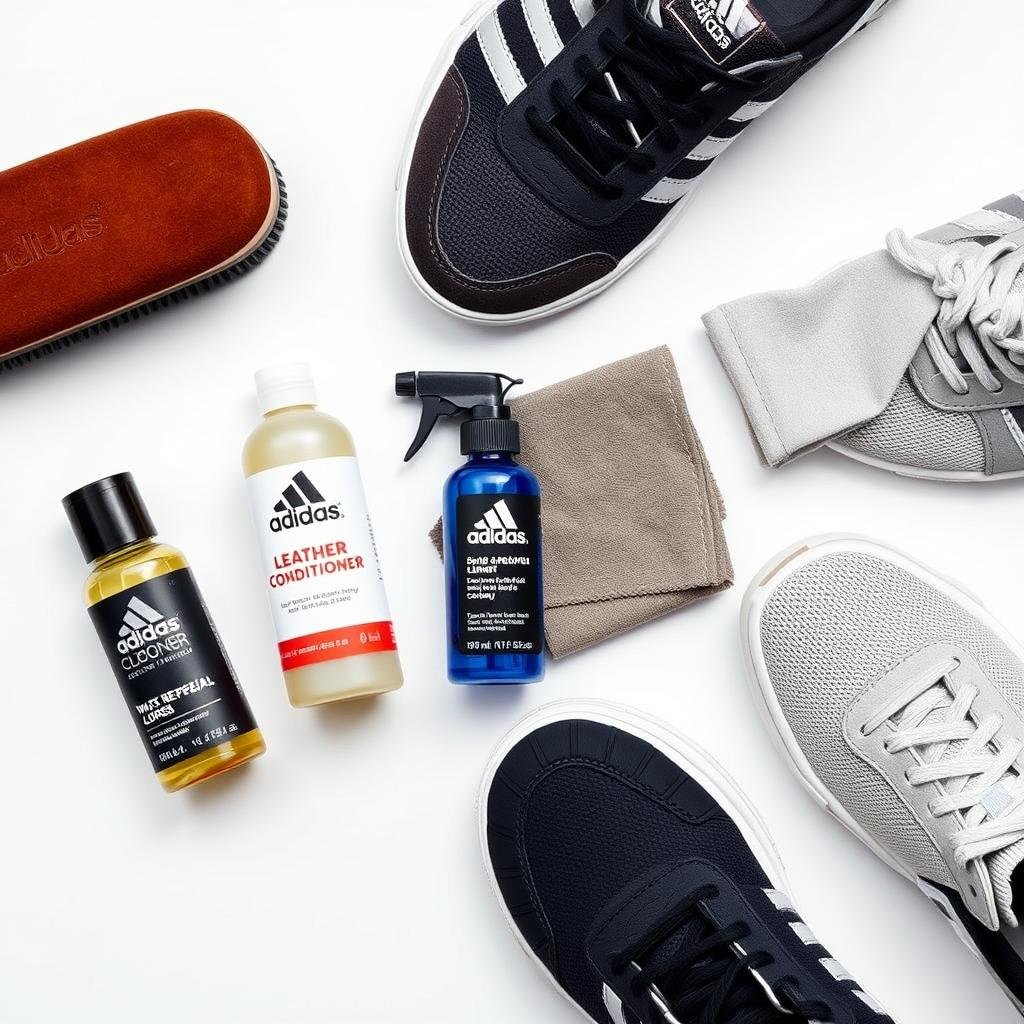 Different care products for various adidas shoe materials including leather conditioner and suede brush