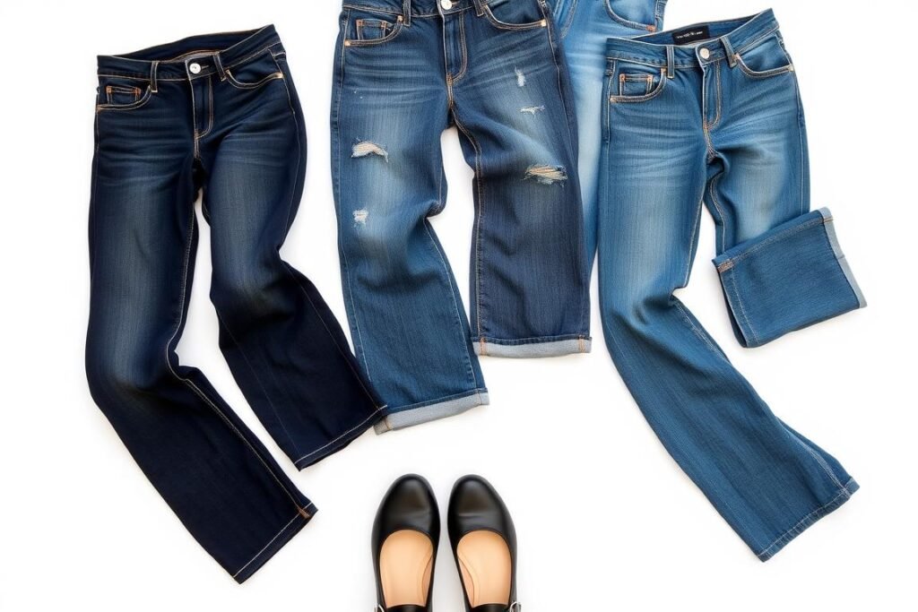 Different jean styles laid flat showing how they pair with mary jane shoes