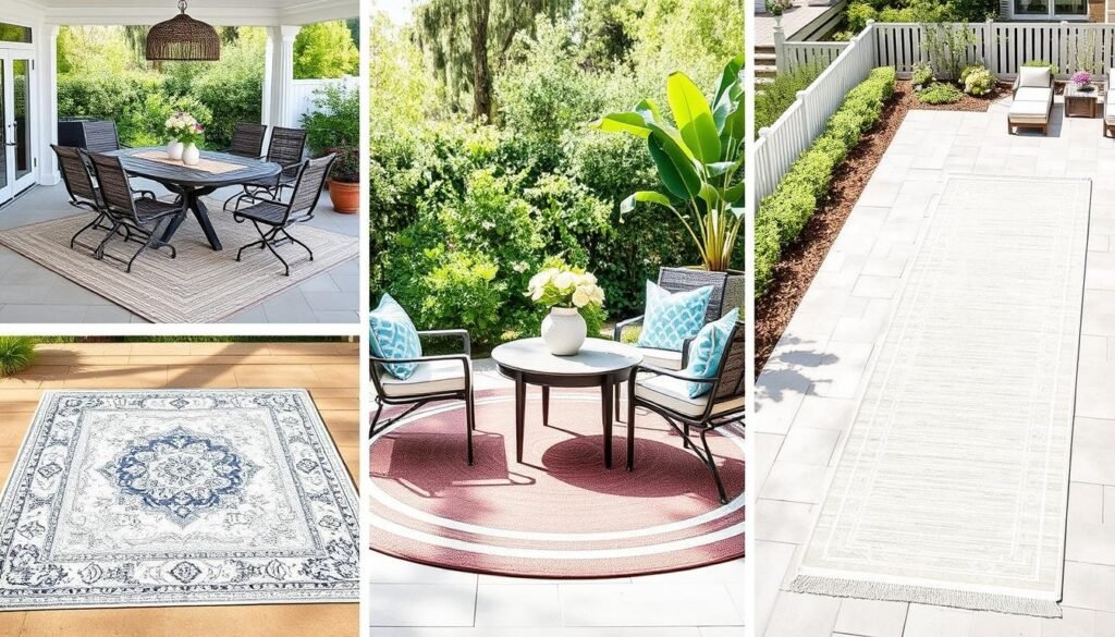 Different outdoor rug shapes and sizes displayed in various outdoor settings