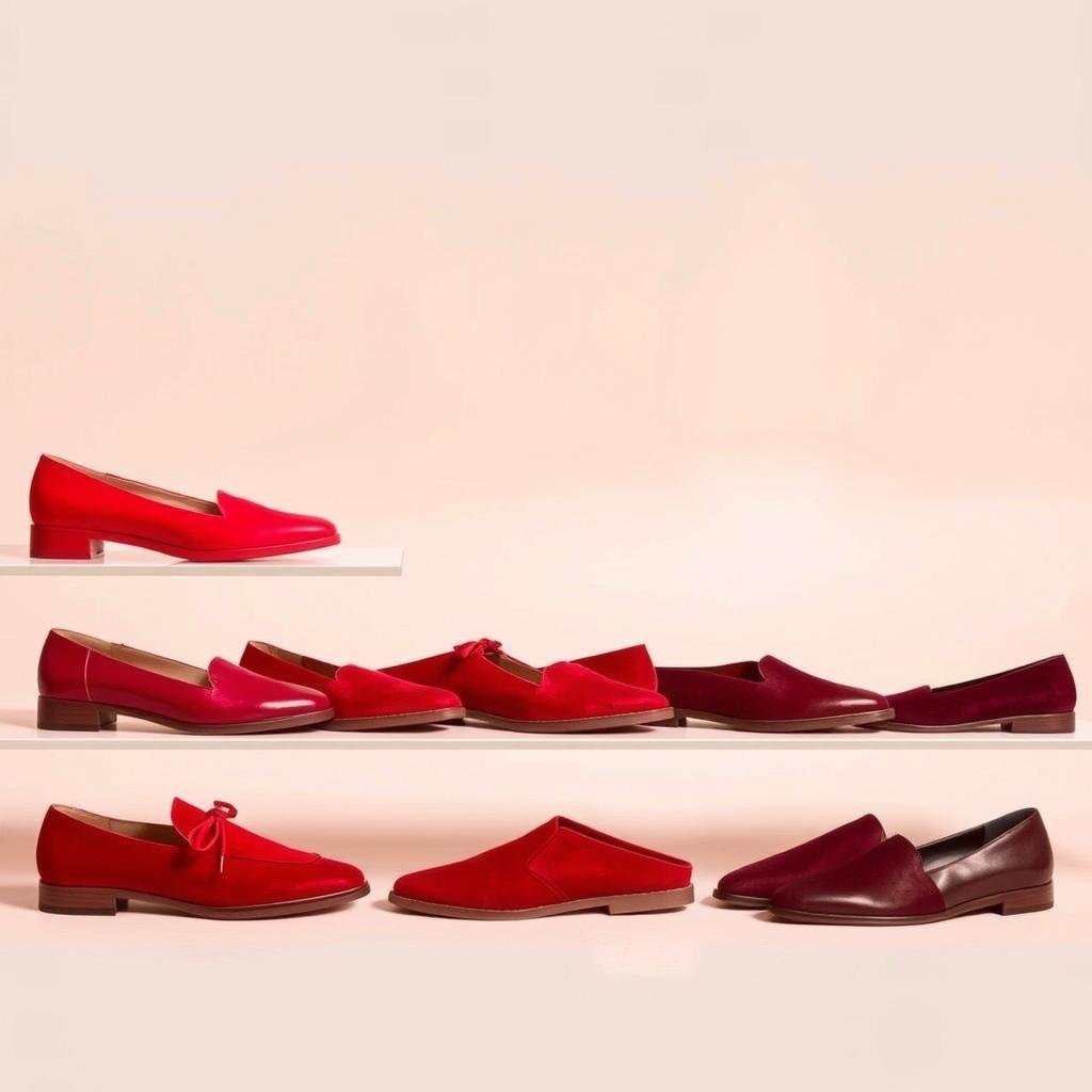 Different shades of red shoes from bright cherry to deep burgundy displayed together
