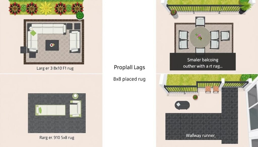 Different sized outdoor rugs shown in various patio layouts