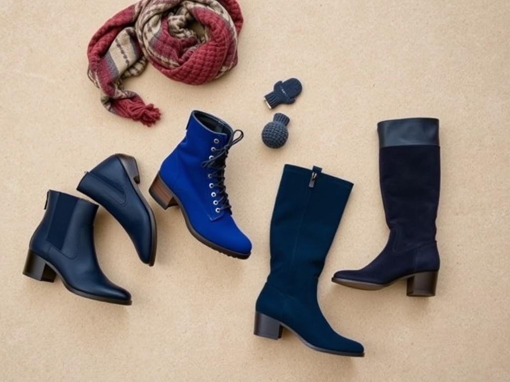 Different styles of blue boots from ankle boots to knee-high options